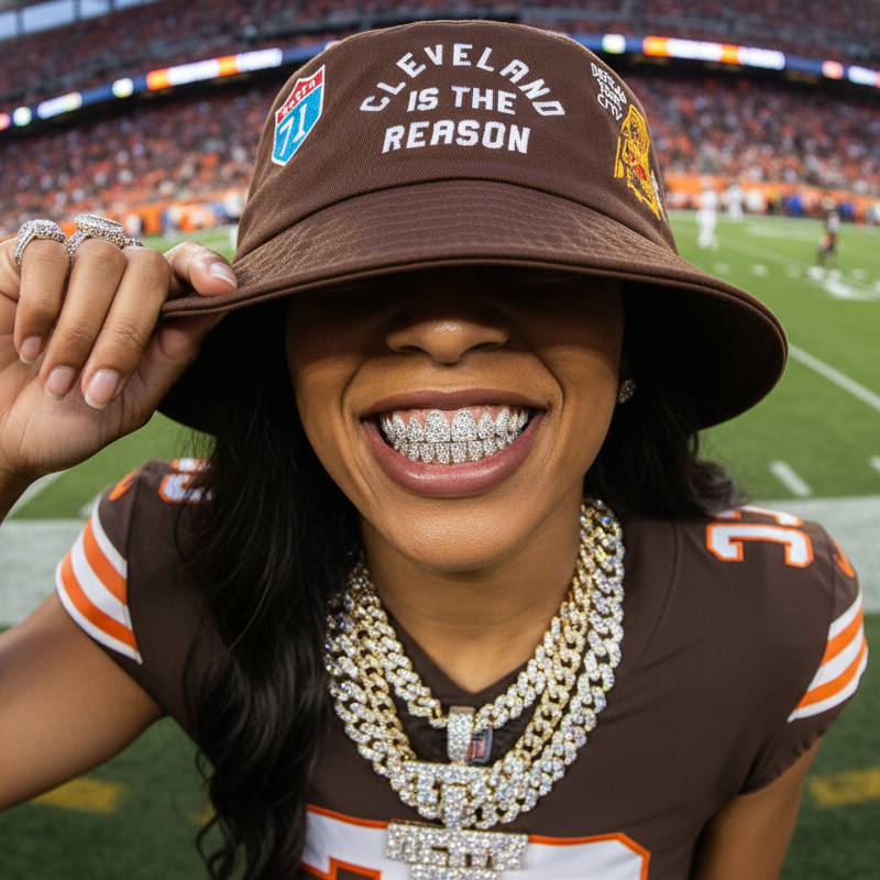 Person wearing a Cleveland Browns cap and jersey on a football field