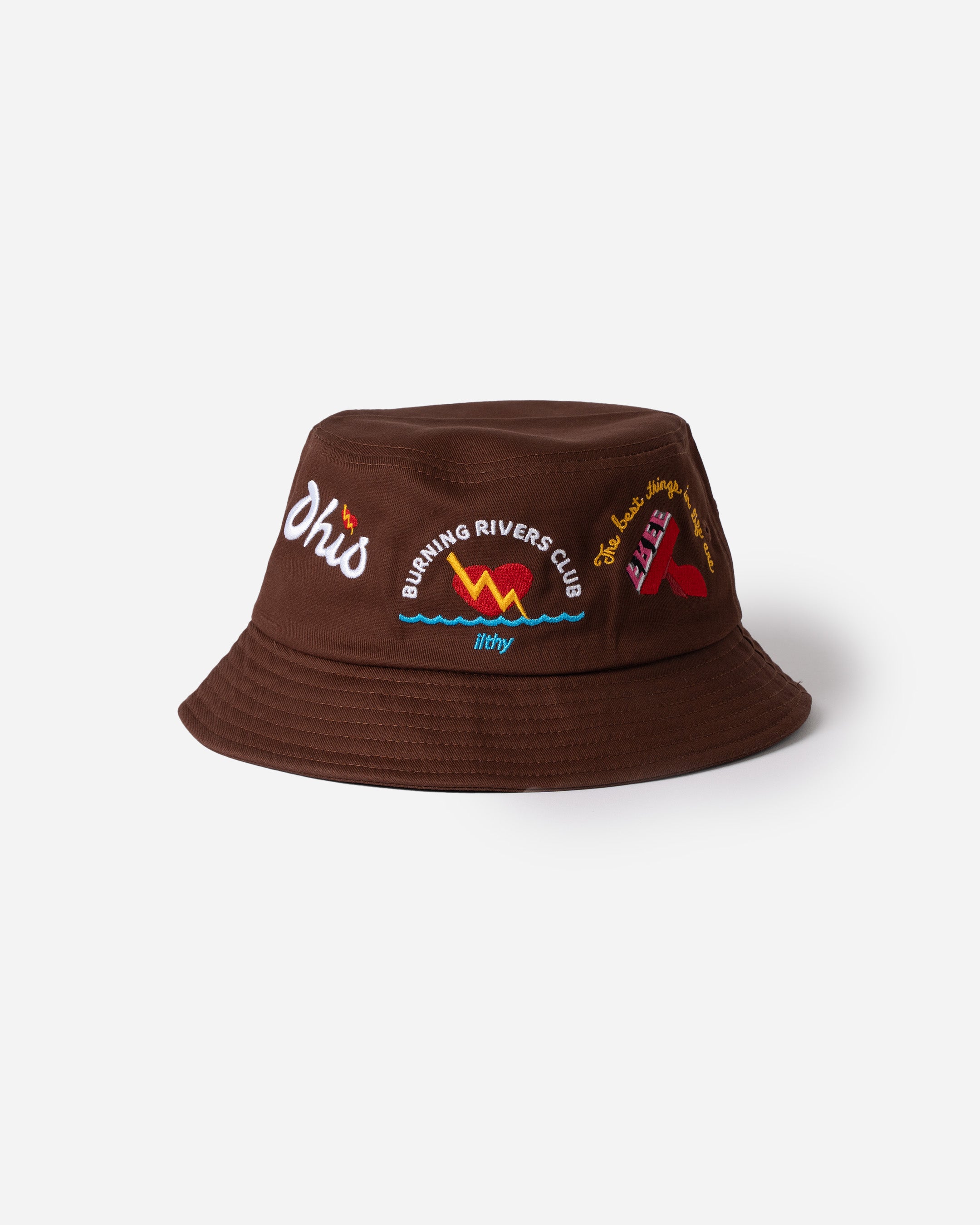 Brown bucket hat with embroidered designs on a white background