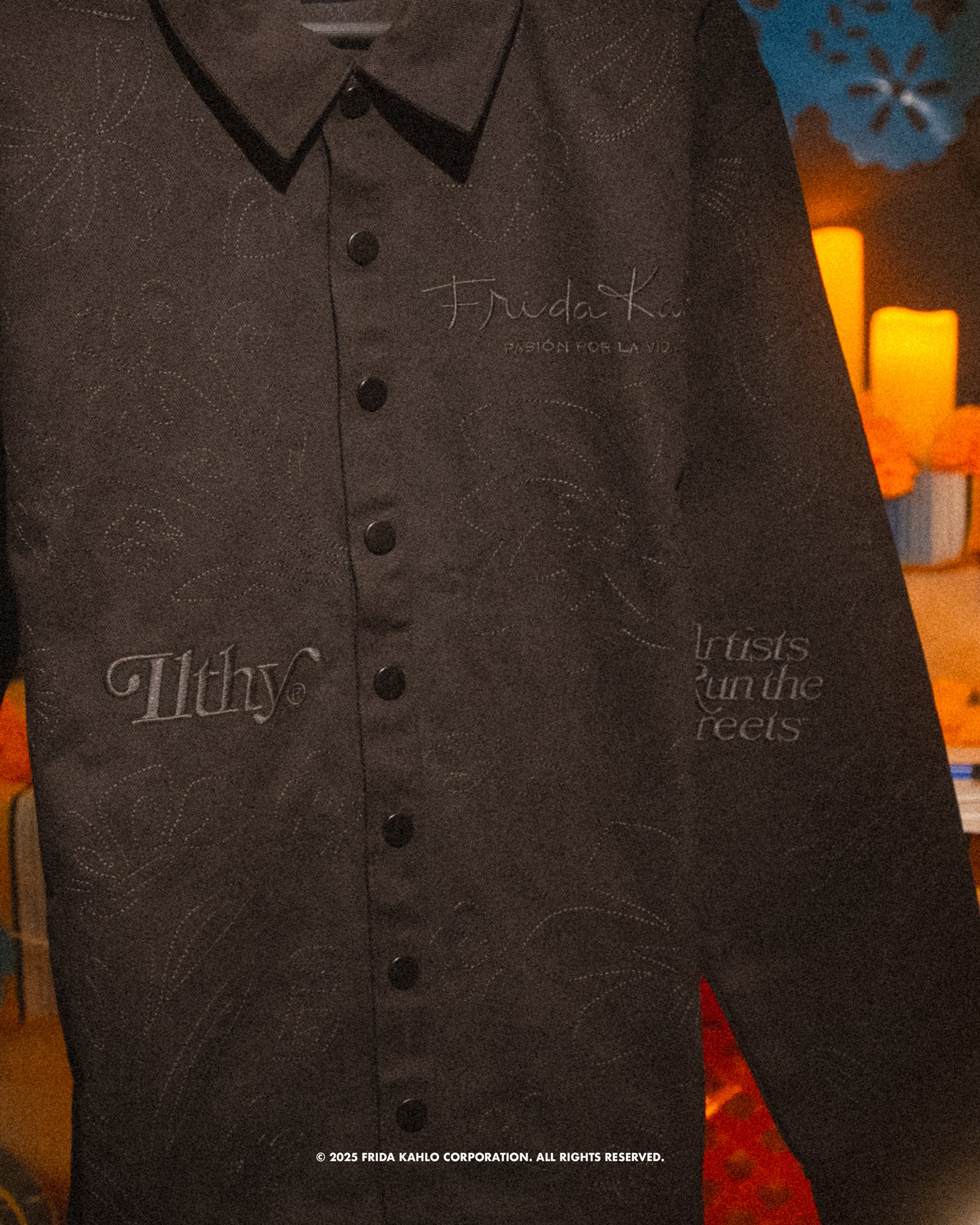 Friday Kahlo Artists Run the Streets™ Embroidered Floral Black Button Up Shirt (Pre-Order)