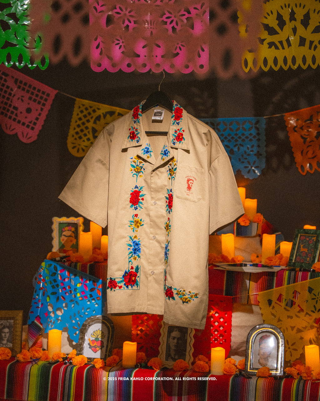 Frida Kahlo Embroidered Floral Work Cream Shirt